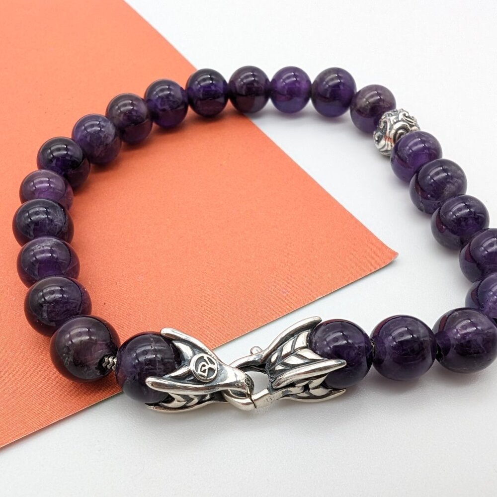 David Yurman Sterling Silver 8mm Spiritual Bead Amethyst & Wave Ball Bracelet